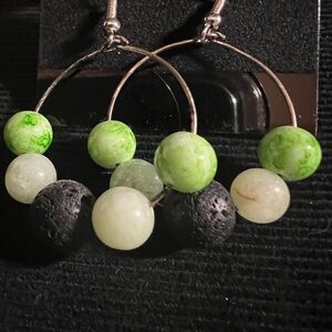 Essential Diffuser Hoop Earrings black & green beads and stones Handmade